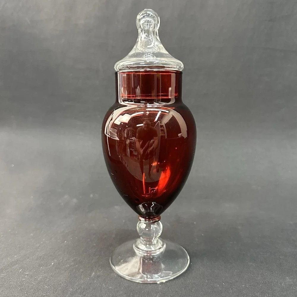 Anchor Hocking Royal Ruby Depression Glass Apothecary Jar With Clear Pedestal.